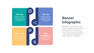Banner
Infographic
Marketers must link the price
to the real and perceived value
of the product, but they also
must take into account supply
costs, seasonal discounts, and
prices used by competitors.
Title One
Marketers must link
the price to the real
and perceived value
of the product
Title Two
Marketers must link
the price to the real
and perceived value
of the product
Title Three
Marketers must link
the price to the real
and perceived value
of the product
Title
Four
Marketers must link
the price to the real
and perceived value
of the product
 