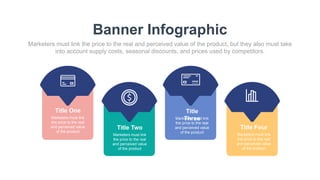 Banner Infographic
Marketers must link the price to the real and perceived value of the product, but they also must take
into account supply costs, seasonal discounts, and prices used by competitors.
Title One
Marketers must link
the price to the real
and perceived value
of the product
Title Two
Marketers must link
the price to the real
and perceived value
of the product
Title
Three
Marketers must link
the price to the real
and perceived value
of the product
Title Four
Marketers must link
the price to the real
and perceived value
of the product
 