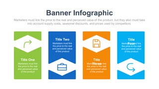 Banner Infographic
Marketers must link the price to the real and perceived value of the product, but they also must take
into account supply costs, seasonal discounts, and prices used by competitors.
Title One
Marketers must link
the price to the real
and perceived value
of the product
Title Two
Marketers must link
the price to the real
and perceived value
of the product
Title
Three
Marketers must link
the price to the real
and perceived value
of the product
Title
Four
Marketers must link
the price to the real
and perceived value
of the product
 
