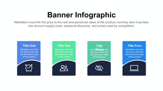 Banner Infographic
Marketers must link the price to the real and perceived value of the product, but they also must take
into account supply costs, seasonal discounts, and prices used by competitors.
Title One
Marketers must link
the price to the real
and perceived value
of the product
Title Two
Marketers must link
the price to the real
and perceived value
of the product
Title
Three
Marketers must link
the price to the real
and perceived value
of the product
Title Four
Marketers must link
the price to the real
and perceived value
of the product
 