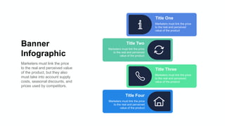 Banner
Infographic
Marketers must link the price
to the real and perceived value
of the product, but they also
must take into account supply
costs, seasonal discounts, and
prices used by competitors.
Title One
Marketers must link the price
to the real and perceived
value of the product
Title Three
Marketers must link the price
to the real and perceived
value of the product
Title Two
Marketers must link the price
to the real and perceived
value of the product
Title Four
Marketers must link the price
to the real and perceived
value of the product
 