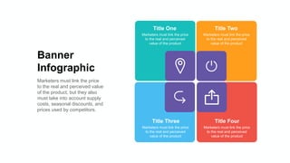 Banner
Infographic
Marketers must link the price
to the real and perceived value
of the product, but they also
must take into account supply
costs, seasonal discounts, and
prices used by competitors.
Title One
Marketers must link the price
to the real and perceived
value of the product
Title Two
Marketers must link the price
to the real and perceived
value of the product
Title Three
Marketers must link the price
to the real and perceived
value of the product
Title Four
Marketers must link the price
to the real and perceived
value of the product
 