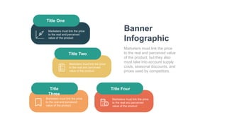 Banner
Infographic
Marketers must link the price
to the real and perceived value
of the product, but they also
must take into account supply
costs, seasonal discounts, and
prices used by competitors.
Title One
Title Two
Title
Three
Title Four
Marketers must link the price
to the real and perceived
value of the product
Marketers must link the price
to the real and perceived
value of the product
Marketers must link the price
to the real and perceived
value of the product
Marketers must link the price
to the real and perceived
value of the product
 