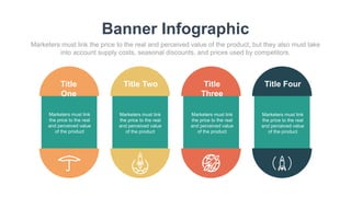 Title
One
Title Two Title
Three
Title Four
Marketers must link
the price to the real
and perceived value
of the product
Marketers must link
the price to the real
and perceived value
of the product
Marketers must link
the price to the real
and perceived value
of the product
Marketers must link
the price to the real
and perceived value
of the product
Banner Infographic
Marketers must link the price to the real and perceived value of the product, but they also must take
into account supply costs, seasonal discounts, and prices used by competitors.
 
