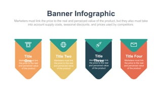 Banner Infographic
Marketers must link the price to the real and perceived value of the product, but they also must take
into account supply costs, seasonal discounts, and prices used by competitors.
Title
One
Marketers must link
the price to the real
and perceived value
of the product
Title Two
Marketers must link
the price to the real
and perceived value
of the product
Title
Three
Marketers must link
the price to the real
and perceived value
of the product
Title Four
Marketers must link
the price to the real
and perceived value
of the product
 