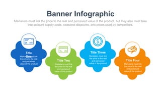 Banner Infographic
Marketers must link the price to the real and perceived value of the product, but they also must take
into account supply costs, seasonal discounts, and prices used by competitors.
Title
One
Marketers must link
the price to the real
and perceived
value of the product
Title Two
Marketers must link
the price to the real
and perceived
value of the product
Title Three
Marketers must link
the price to the real
and perceived
value of the product
Title Four
Marketers must link
the price to the real
and perceived
value of the product
 