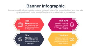 Banner Infographic
Marketers must link the price to the real and perceived value of the product, but they also must take
into account supply costs, seasonal discounts, and prices used by competitors.
Title
One
Marketers must link
the price to the real
and perceived value
of the product
Title
Three
Marketers must link
the price to the real
and perceived value
of the product
Title Two
Marketers must link
the price to the real
and perceived value
of the product
Title Four
Marketers must link
the price to the real
and perceived value
of the product
 
