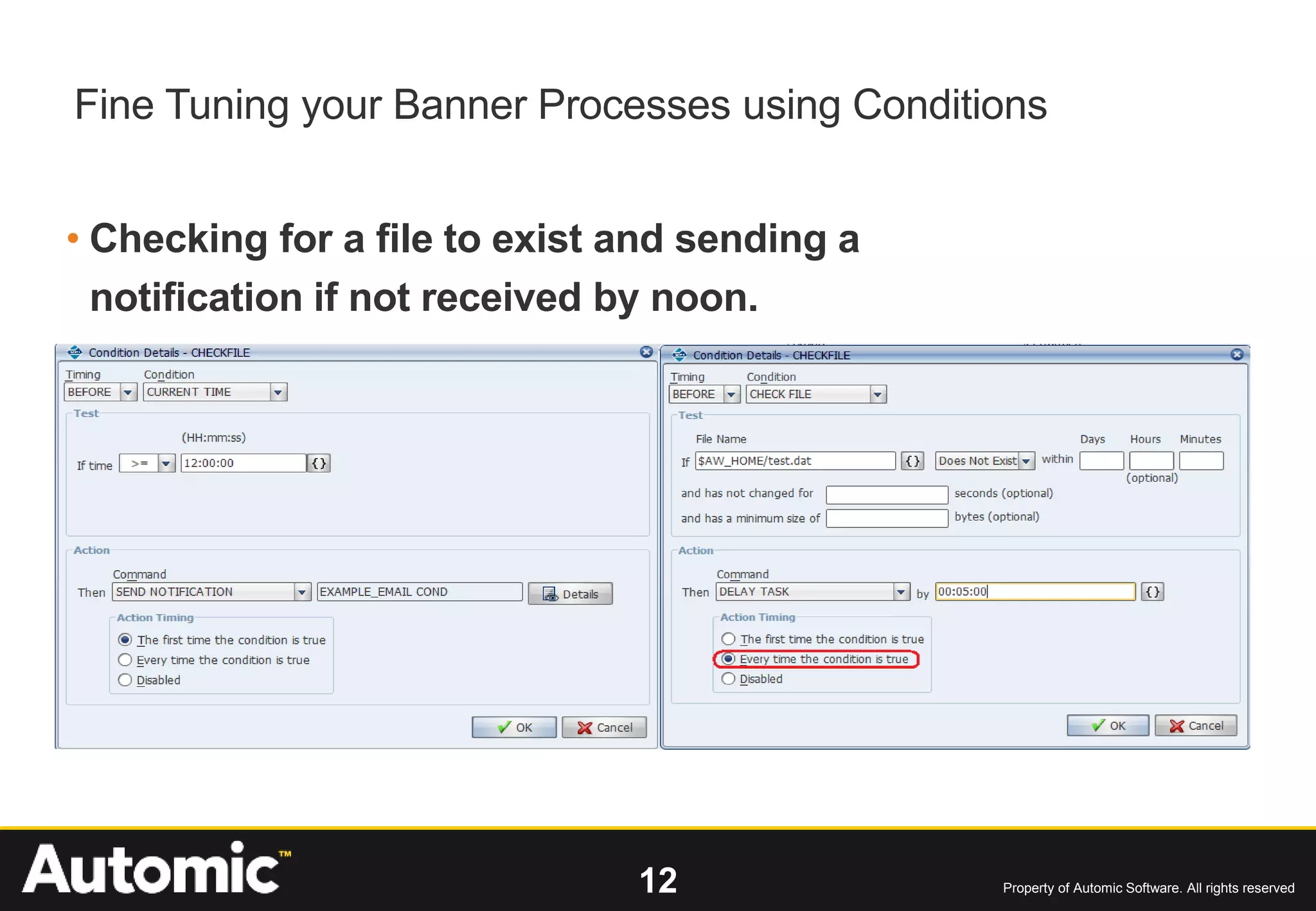 12 Property of Automic Software. All rights reserved
• Checking for a file to exist and sending a
notification if not received by noon.
Fine Tuning your Banner Processes using Conditions
 