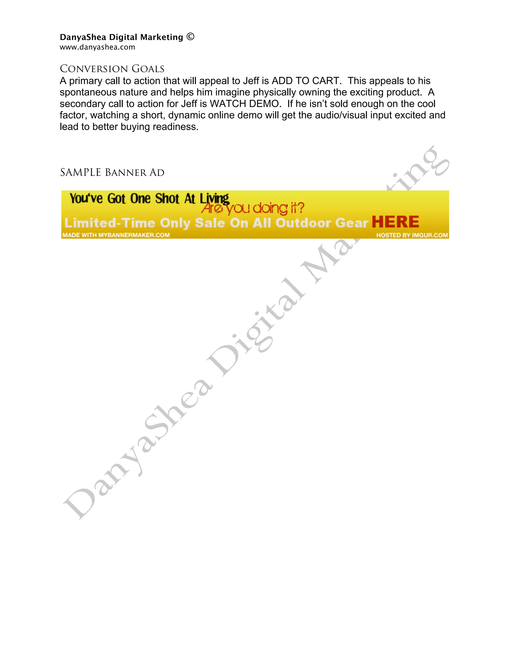 DanyaShea Digital Marketing   ©
www.danyashea.com 
 
Conversion Goals
A primary call to action that will appeal to Jeff is ADD TO CART. This appeals to his
spontaneous nature and helps him imagine physically owning the exciting product. A
secondary call to action for Jeff is WATCH DEMO. If he isn’t sold enough on the cool
factor, watching a short, dynamic online demo will get the audio/visual input excited and
lead to better buying readiness.



SAMPLE Banner Ad
 