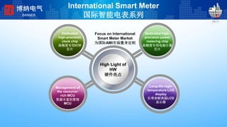 International Smart Meter
国际智能电表系列
High Light of
HW
硬件亮点
Long-life high-
temperature LCD
display
长寿命耐高温LCD
显示器
Management of
the resource-
rich MCU
资源丰富的管理
MCU
Dedicated
high-precision
clock chip
高精度专用时钟
芯片
Dedicated high-
precision power
metering chip
高精度专用电能计量
芯片
Focus on International
Smart Meter Market
为国际AMI市场量身定制
博纳电气
BANNER
 