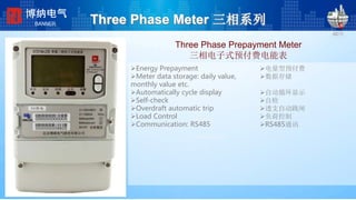 Three Phase Meter 三相系列
Three Phase Prepayment Meter
三相电子式预付费电能表
198*224
2008-2-24
电量型预付费
数据存储
自动循环显示
自检
透支自动跳闸
负荷控制
RS485通讯
博纳电气
BANNER
Energy Prepayment
Meter data storage: daily value,
monthly value etc.
Automatically cycle display
Self-check
Overdraft automatic trip
Load Control
Communication: RS485
 
