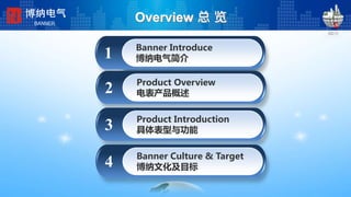 Banner Introduce
博纳电气简介1
2
Overview 总 览博纳电气
BANNER
Product Overview
电表产品概述2
Product Introduction
具体表型与功能3
Banner Culture & Target
博纳文化及目标4
 