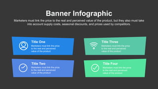 Banner Infographic
Marketers must link the price to the real and perceived value of the product, but they also must take
into account supply costs, seasonal discounts, and prices used by competitors.
Title One
Marketers must link the price
to the real and perceived
value of the product
Title Two
Marketers must link the price
to the real and perceived
value of the product
Title Three
Marketers must link the price
to the real and perceived
value of the product
Title Four
Marketers must link the price
to the real and perceived
value of the product
 