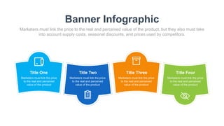 Banner Infographic
Marketers must link the price to the real and perceived value of the product, but they also must take
into account supply costs, seasonal discounts, and prices used by competitors.
Title One
Marketers must link the price
to the real and perceived
value of the product
Title Two
Marketers must link the price
to the real and perceived
value of the product
Title Three
Marketers must link the price
to the real and perceived
value of the product
Title Four
Marketers must link the price
to the real and perceived
value of the product
 
