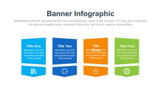 Banner Infographic
Marketers must link the price to the real and perceived value of the product, but they also must take
into account supply costs, seasonal discounts, and prices used by competitors.
Title One
Marketers must link
the price to the real
and perceived value
of the product
Title Two
Marketers must link
the price to the real
and perceived value
of the product
Title
Three
Marketers must link
the price to the real
and perceived value
of the product
Title Four
Marketers must link
the price to the real
and perceived value
of the product
 