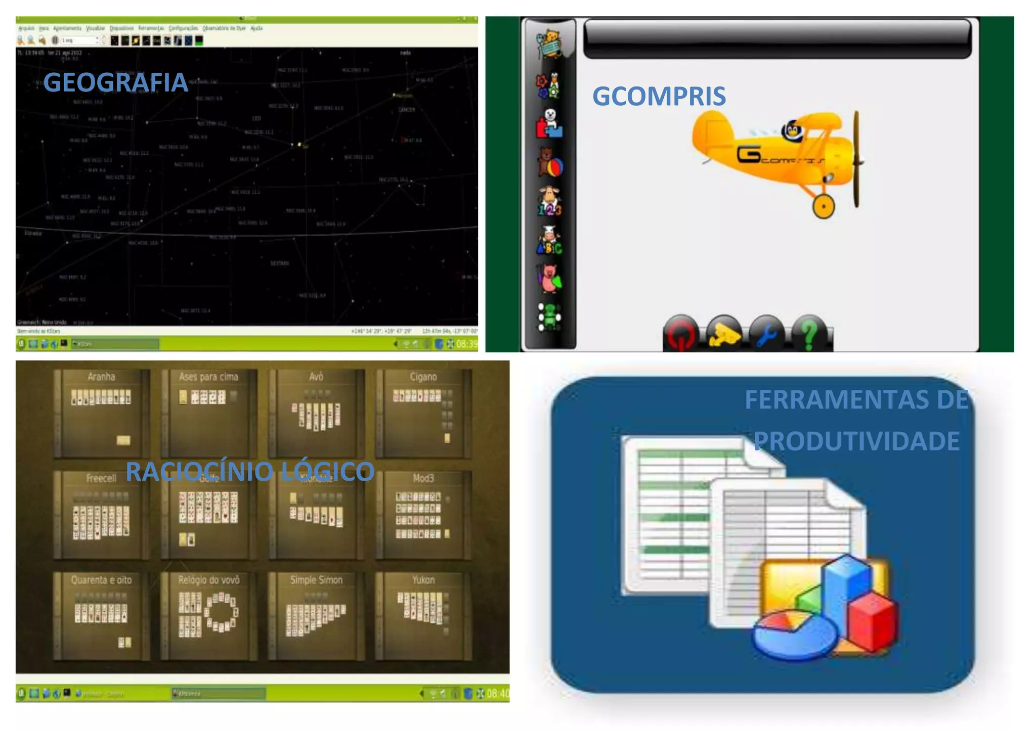 GEOGRAFIA                GCOMPRIS




                                    FERRAMENTAS DE
                                     PRODUTIVIDADE
     RACIOCÍNIO LÓGICO
 
