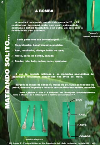 MATEANDOSOLITO...
A bomba é um canudo metálico de cerca de 20 a 25
centímetros de comprimento, com uma extremidade
achatada e orifício longitudinal e na outra, um ralo com a
finalidade de coar a infusão.
Cada parte tem sua denominação:
1. Bico, biqueira, bocal, chupeta, ponteira;
2. Anel, respirador, pitanga, botão de rosa;
3. Haste, corpo da bomba, canudo;
4. Coador, ralo, bojo, colher, coco , apartador.
BICO
ANEL
HASTE
COADOR
6
Tacuapi -
bomba primitiva
Bombas de prata
A BOMBA
* EU, Conde D’, Viagem Militar ao Rio Grande do Sul. ,Belo Horizonte, Itatiaia,1981, p42.
O uso da prataria religiosa e as melhorias econômicas da
população trouxeram influencias nos avios do mate.
Surgem os mates de cálice ou mates de pé, cuias com bocais de
prata, bombas de prata e de ouro ou com detalhes nesses materiais.
“Para o gaúcho a cuia e a bombilha são distrações tão indispensáveis
como o charuto ou o tabaco para a maioria dos europeus ” *
 