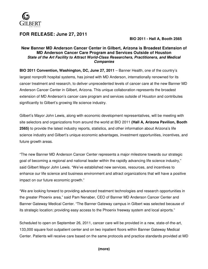 Banner Md Anderson Press Release Gilbert Ariz