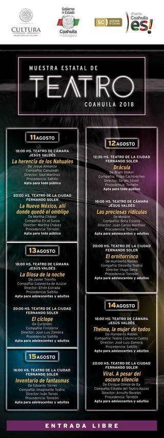 Cartelera de la Muestra Estatal de Teatro Coahuila 2018