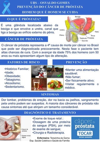 É uma glândula localizada abaixo da
bexiga e que envolve a uretra, canal que
liga a bexiga ao orifício externo do pênis.
Dor lombar, problemas de ereção, dor na bacia ou joelhos, sangramento
pela uretra podem ser suspeitos. A maioria dos cânceres de próstata não
causa sintomas até que atinjam um tamanho considerável.
O câncer de próstata representa a 4ª causa de morte por câncer no Brasil
que pode ser diagnosticada precocemente. Nesta fase o paciente tem
altas chances de cura. Com o avançar da idade 75% dos homens com 50
anos ou mais apresentam algum tipo de alteração.
•Histórico Familiar;
•Idade;
•Obesidade;
•Tabagismo;
•Alcoolismo;
•Sedentarismo.
•Manter uma alimentação
saudável;
•Não fumar;
•Ser fisicamente ativo;
•Visitar regularmente o
médico.
•Exame de toque retal ;
•Dosagem de uma proteína
do sangue (PSA), por meio
de exame de sangue;
•Cirurgia e Radioterapia.
Enfermeira: Terezinha da Gama
Esp. Saúde Coletiva e Saúde da Família
 