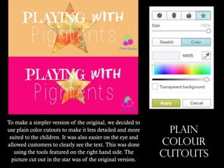 To make a simpler version of the original, we decided to
use plain color cutouts to make it less detailed and more
suited to the children. It was also easier on the eye and
allowed customers to clearly see the text. This was done
using the tools featured on the right hand side. The
picture cut out in the star was of the original version.

PLAIN
COLOUR
CUTOUTS

 