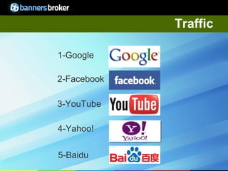 Traffic

     1-Google

     2-Facebook

     3-YouTube

     4-Yahoo!

     5-Baidu
16                Copyright © BannersBroker. All rights reserved.
 