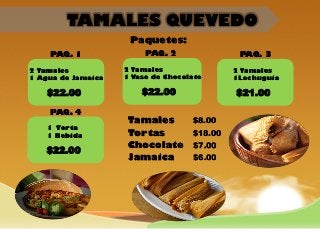 TAMALES QUEVEDO
Paquetes:
PAQ. 1

PAQ. 2

PAQ. 3

2 Tamales
1 Agua de Jamaica

2 Tamales
1 Vaso de Chocolate

2 Tamales
1Lechuguia

$22.00
PAQ. 4
1 Torta
1 Bebida

$22.00

$22.00
$8.00
Tamales
$18.00
Tortas
Chocolate $7.00
$6.00
Jamaica

$21.00

 