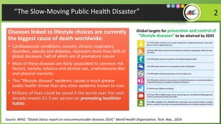 /“The Slow-Moving Public Health Disaster”
Diseases linked to lifestyle choices are currently
the biggest cause of death worldwide:
• Cardiovascular conditions, cancers, chronic respiratory
disorders, obesity and diabetes, represent more than 60% of
global deceases, half of which are of premature nature
• Most of these diseases are fairly associated to common risk
factors, namely, tobacco and alcohol use, unwholesome diet
and physical inactivity
• This "lifestyle disease" epidemic causes a much greater
public health threat than any other epidemic known to man
• Millions of lives could be saved if the world over the next
decade invests $1-3 per person on promoting healthier
habits
2
Global targets for prevention and control of
“lifestyle diseases” to be attained by 2025
Source: WHO, “Global status report on noncommunicable diseases 2014,” World Health Organization, Tech. Rep., 2014.
 