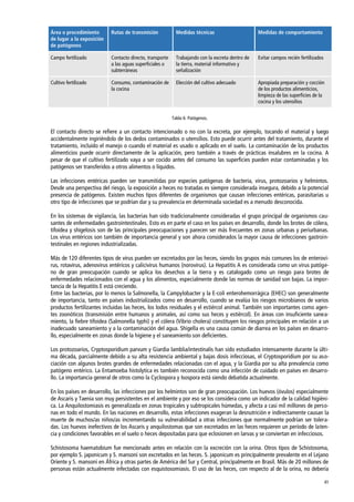 41
Área o procedimiento
de lugar a la exposición
de patógenos
Rutas de transmisión Medidas técnicas Medidas de comportamiento
Campo fertilizado Contacto directo, transporte
a las aguas superficiales o
subterráneas
Trabajando con la excreta dentro de
la tierra, material informativo y
señalización
Evitar campos recién fertilizados
Cultivo fertilizado Consumo, contaminación de
la cocina
Elección del cultivo adecuado Apropiada preparación y cocción
de los productos alimenticios,
limpieza de las superficies de la
cocina y los utensilios
Tabla 6: Patógenos.
El contacto directo se refiere a un contacto intencionado o no con la excreta, por ejemplo, tocando el material y luego
accidentalmente ingiriéndolo de los dedos contaminados o utensilios. Esto puede ocurrir antes del tratamiento, durante el
tratamiento, incluido el manejo o cuando el material es usado o aplicado en el suelo. La contaminación de los productos
alimenticios puede ocurrir directamente de la aplicación, pero también a través de prácticas insalubres en la cocina. A
pesar de que el cultivo fertilizado vaya a ser cocido antes del consumo las superficies pueden estar contaminadas y los
patógenos ser transferidos a otros alimentos o líquidos.
Las infecciones entéricas pueden ser transmitidas por especies patógenas de bacteria, virus, protozoarios y helmintos.
Desde una perspectiva del riesgo, la exposición a heces no tratadas es siempre considerada insegura, debido a la potencial
presencia de patógenos. Existen muchos tipos diferentes de organismos que causan infecciones entéricas, parasitarias u
otro tipo de infecciones que se podrían dar y su prevalencia en determinada sociedad es a menudo desconocida.
En los sistemas de vigilancia, las bacterias han sido tradicionalmente consideradas el grupo principal de organismos cau-
santes de enfermedades gastrointestinales. Esto es en parte el caso en los países en desarrollo, donde los brotes de cólera,
tifoidea y shigelosis son de las principales preocupaciones y parecen ser más frecuentes en zonas urbanas y periurbanas.
Los virus entéricos son también de importancia general y son ahora considerados la mayor causa de infecciones gastroin-
testinales en regiones industrializadas.
Más de 120 diferentes tipos de virus pueden ser excretados por las heces, siendo los grupos más comunes los de enterovi-
rus, rotavirus, adenovirus entéricos y calicivirus humanos (norovirus). La Hepatitis A es considerada como un virus patóge-
no de gran preocupación cuando se aplica los desechos a la tierra y es catalogado como un riesgo para brotes de
enfermedades relacionados con el agua y los alimentos, especialmente donde las normas de sanidad son bajas. La impor-
tancia de la Hepatitis E está creciendo.
Entre las bacterias, por lo menos la Salmonella, la Campylobacter y la E-coli enterohemorrágica (EHEC) son generalmente
de importancia, tanto en países industrializados como en desarrollo, cuando se evalúa los riesgos microbianos de varios
productos fertilizantes incluidas las heces, los lodos residuales y el estiércol animal. También son importantes como agen-
tes zoonóticos (transmisión entre humanos y animales, así como sus heces y estiércol). En áreas con insuficiente sanea-
miento, la fiebre tifoidea (Salmonella typhi) y el cólera (Vibrio cholera) constituyen los riesgos principales en relación a un
inadecuado saneamiento y a la contaminación del agua. Shigella es una causa común de diarrea en los países en desarro-
llo, especialmente en zonas donde la higiene y el saneamiento son deficientes.
Los protozoarios, Cryptosporidium parvum y Giardia lamblia/intestinalis han sido estudiados intensamente durante la últi-
ma década, parcialmente debido a su alta resistencia ambiental y bajas dosis infecciosas, el Cryptosporidium por su aso-
ciación con algunos brotes grandes de enfermedades relacionadas con el agua, y la Giardia por su alta prevalencia como
patógeno entérico. La Entamoeba histolytica es también reconocida como una infección de cuidado en países en desarro-
llo. La importancia general de otros como la Cyclospora y Isospora está siendo debatida actualmente.
En los países en desarrollo, las infecciones por los helmintos son de gran preocupación. Los huevos (óvulos) especialmente
de Ascaris y Taenia son muy persistentes en el ambiente y por eso se los considera como un indicador de la calidad higiéni-
ca. La Anquilostomiasis es generalizada en zonas tropicales y subtropicales húmedas, y afecta a casi mil millones de perso-
nas en todo el mundo. En las naciones en desarrollo, estas infecciones exageran la desnutrición e indirectamente causan la
muerte de muchos/as niños/as incrementando su vulnerabilidad a otras infecciones que normalmente podrían ser tolera-
das. Los huevos inefectivos de los Ascaris y anquilostomas que son excretados en las heces requieren un período de laten-
cia y condiciones favorables en el suelo o heces depositadas para que eclosionen en larvas y se conviertan en infecciosos.
Schistosoma haematobium fue mencionado antes en relación con la excreción con la orina. Otros tipos de Schistosoma,
por ejemplo S. japonicum y S. mansoni son excretados en las heces. S. japonicum es principalmente prevalente en el Lejano
Oriente y S. mansoni en África y otras partes de América del Sur y Central, principalmente en Brasil. Más de 20 millones de
personas están actualmente infectadas con esquistosomiasis. El uso de las heces, con respecto al de la orina, no debería
 