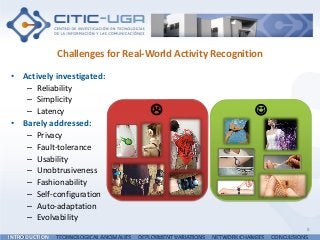 Challenges for Real-World Activity Recognition
8
INTRODUCTION TECHNOLOGICAL ANOMALIES DEPLOYMENT VARIATIONS NETWORK CHANGES CONCLUSIONS
 
• Actively investigated:
– Reliability
– Simplicity
– Latency
• Barely addressed:
– Privacy
– Fault-tolerance
– Usability
– Unobtrusiveness
– Fashionability
– Self-configuration
– Auto-adaptation
– Evolvability
 