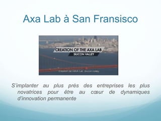 Axa Lab à San Fransisco
S’implanter au plus près des entreprises les plus
novatrices pour être au cœur de dynamiques
d’innovation permanente
 