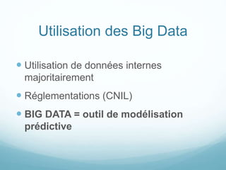 Utilisation des Big Data
 Utilisation de données internes
majoritairement
 Réglementations (CNIL)
 BIG DATA = outil de modélisation
prédictive
 
