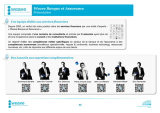 Weave Banque et Assurance
                          Présentation


  Une équipe dédiée aux services financiers
Depuis 2005, un renfort de notre position dans les services financiers par une entité d’experts :
« Weave Banque et Assurance ».

Une équipe composée d’une centaine de consultants et animée par 8 associés ayant plus de
20 ans d’expérience dans le conseil et les institutions financières.

Un objectif d’allier des compétences métier spécifiques du secteur de la banque et de l’assurance à des
compétences transverses (excellence opérationnelle, risques & conformité, business technology, ressources
humaines, etc.) afin de répondre aux différents enjeux de nos clients.



  Des Associés aux expertises complémentaires




         Dominique Barrière   Jean-Eric Crosnier   Eric Delannoy   Pierre-Antoine Duez   Jean-Luc Mariaux   Alexandre Meyer   Eric Parmentier




                                                                       11
 