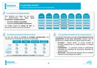 Le groupe weave
                           2. Notre positionnement et nos expertises


  Un cabinet multispécialiste
                                                                      Assurance   Télécoms         Energie        Agro. &       Secteur   Transport &
Pour répondre aux enjeux de nos clients,                  Banque      Assurance
                                                                                  & Médias        & Utilities    Distribution    Public   Messagerie
un   positionnement  sur    deux types
d’expertises complémentaires :                                                               Business technology

 • Expertises métiers sectorielles,                                                          Risques et conformité
 • Expertises fonctionnelles transverses.
                                                                                             Ressources humaines
Un modèle original de chasse de tête au
                                                                                                Chasse de tête
service de l’interne comme de nos clients.




   Un large périmètre d’intervention                                                     Une gestion étendue de la connaissance
En tant que cabinet de conseil en stratégie opérationnelle, une                     Une attention particulière accordée à l’accroissement et à la
intervention sur l’ensemble du cycle de vie des projets…                            capitalisation et de notre savoir-faire, facteurs clés de
                                                            Conduite du             succès pour un départ lancé et un apport rapide de valeur :
               Stratégie       Cadrage   Transformation
                                                            changement                • Formation : chaque année, un cursus complet de
    Conseil                                                                             formation dispensé par la « weav’université » à chaque
     métier                                                                             consultant,
    Conseil                                                                           • Capitalisation : un processus simple et systématique
 fonctionnel                                                                            permettant de centraliser les documents essentiels de
 Pilotage de                                                                            chaque mission,
programmes
  complexes                                                                           • Benchmark : des benchmark réguliers afin de connaitre
                                                                                        l’état de l’art des pratiques de la place.
… pour une transformation efficace et durable de l’entreprise.




                                                                          5
 