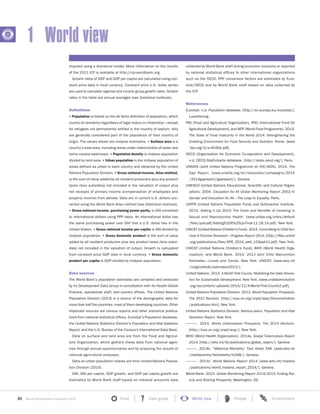 30 World Development Indicators 2015 Front User guide World view People Environment?
1 World view
imputed using a statistical model. More information on the results
of the 2011 ICP is available at http://icp.worldbank.org.
Growth rates of GDP and GDP per capita are calculated using con-
stant price data in local currency. Constant price U.S. dollar series
are used to calculate regional and income group growth rates. Growth
rates in the table are annual averages (see Statistical methods).
Definitions
• Population is based on the de facto definition of population, which
counts all residents regardless of legal status or citizenship—except
for refugees not permanently settled in the country of asylum, who
are generally considered part of the population of their country of
origin. The values shown are midyear estimates. • Surface area is a
country’s total area, including areas under inland bodies of water and
some coastal waterways. • Population density is midyear population
divided by land area. • Urban population is the midyear population of
areas defined as urban in each country and obtained by the United
Nations Population Division. • Gross national income, Atlas method,
is the sum of value added by all resident producers plus any product
taxes (less subsidies) not included in the valuation of output plus
net receipts of primary income (compensation of employees and
property income) from abroad. Data are in current U.S. dollars con-
verted using the World Bank Atlas method (see Statistical methods).
• Gross national income, purchasing power parity, is GNI converted
to international dollars using PPP rates. An international dollar has
the same purchasing power over GNI that a U.S. dollar has in the
United States. • Gross national income per capita is GNI divided by
midyear population. • Gross domestic product is the sum of value
added by all resident producers plus any product taxes (less subsi-
dies) not included in the valuation of output. Growth is calculated
from constant price GDP data in local currency. • Gross domestic
product per capita is GDP divided by midyear population.
Data sources
The World Bank’s population estimates are compiled and produced
by its Development Data Group in consultation with its Health Global
Practice, operational staff, and country offices. The United Nations
Population Division (2013) is a source of the demographic data for
more than half the countries, most of them developing countries. Other
important sources are census reports and other statistical publica-
tions from national statistical offices, Eurostat’s Population database,
the United Nations Statistics Division’s Population and Vital Statistics
Report, and the U.S. Bureau of the Census’s International Data Base.
Data on surface and land area are from the Food and Agricul-
ture Organization, which gathers these data from national agen-
cies through annual questionnaires and by analyzing the results of
national agricultural censuses.
Data on urban population shares are from United Nations Popula-
tion Division (2014).
GNI, GNI per capita, GDP growth, and GDP per capita growth are
estimated by World Bank staff based on national accounts data
collected by World Bank staff during economic missions or reported
by national statistical offices to other international organizations
such as the OECD. PPP conversion factors are estimates by Euro-
stat/OECD and by World Bank staff based on data collected by
the ICP.
References
Eurostat. n.d. Population database. [http://ec.europa.eu/eurostat/].
Luxembourg.
FAO (Food and Agriculture Organization), IFAD (International Fund for
Agricultural Development), and WFP (World Food Programme). 2014.
The State of Food Insecurity in the World 2014: Strengthening the
Enabling Environment for Food Security and Nutrition. Rome. [www
.fao.org/3/a-i4030e.pdf].
OECD (Organisation for Economic Co-operation and Development).
n.d. OECD.StatExtracts database. [http://stats.oecd.org/]. Paris.
UNAIDS (Joint United Nations Programme on HIV/AIDS). 2014. The
Gap Report. [www.unaids.org/en/resources/campaigns/2014
/2014gapreport/gapreport/]. Geneva.
UNESCO (United Nations Educational, Scientific and Cultural Organi-
zation). 2004. Education for All Global Monitoring Report 2003/4:
Gender and Education for All—The Leap to Equality. Paris.
UNFPA (United Nations Population Fund) and Guttmacher Institute.
2014. Adding It Up 2014: The Costs and Benefits of Investing in
Sexual and Reproductive Health. [www.unfpa.org/sites/default
/files/pub-pdf/Adding%20It%20Up-Final-11.18.14.pdf]. New York.
UNICEF (United Nations Children’s Fund). 2014. Committing to Child Sur-
vival: A Promise Renewed—Progress Report 2014. [http://files.unicef
.org/publications/files/APR_2014_web_15Sept14.pdf]. New York.
UNICEF (United Nations Children’s Fund), WHO (World Health Orga-
nization), and World Bank. 2014. 2013 Joint Child Malnutrition
Estimates—Levels and Trends. New York: UNICEF. [www.who.int
/nutgrowthdb/estimates2013/].
United Nations. 2014. A World That Counts: Mobilising the Data Revolu-
tion for Sustainable Development. New York. [www.undatarevolution
.org/wp-content/uploads/2014/12/A-World-That-Counts2.pdf].
United Nations Population Division. 2013. World Population Prospects:
The 2012 Revision. [http://esa.un.org/unpd/wpp/Documentation
/publications.htm]. New York.
United Nations Statistics Division. Various years. Population and Vital
Statistics Report. New York.
———. 2014. World Urbanization Prospects: The 2014 Revision.
[http://esa.un.org/unpd/wup/]. New York.
WHO (World Health Organization). 2014a. Global Tuberculosis Report
2014. [http://who.int/tb/publications/global_report/]. Geneva.
———. 2014b. “Maternal Mortality.” Fact sheet 348. [www.who.int
/mediacentre/factsheets/fs348/]. Geneva.
———. 2014c. World Malaria Report 2014. [www.who.int/malaria
/publications/world_malaria_report_2014/]. Geneva.
World Bank. 2015. Global Monitoring Report 2014/2015: Ending Pov-
erty and Sharing Prosperity. Washington, DC.
 