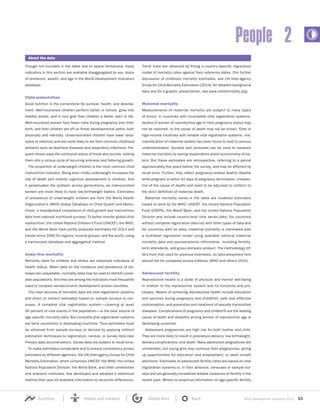 World Development Indicators 2015 53Economy States and markets Global links Back
People 2
Though not included in the table due to space limitations, many
indicators in this section are available disaggregated by sex, place
of residence, wealth, and age in the World Development Indicators
database.
Child malnutrition
Good nutrition is the cornerstone for survival, health, and develop-
ment. Well-nourished children perform better in school, grow into
healthy adults, and in turn give their children a better start in life.
Well-nourished women face fewer risks during pregnancy and child-
birth, and their children set off on firmer developmental paths, both
physically and mentally. Undernourished children have lower resis-
tance to infection and are more likely to die from common childhood
ailments such as diarrheal diseases and respiratory infections. Fre-
quent illness saps the nutritional status of those who survive, locking
them into a vicious cycle of recurring sickness and faltering growth.
The proportion of underweight children is the most common child
malnutrition indicator. Being even mildly underweight increases the
risk of death and inhibits cognitive development in children. And
it perpetuates the problem across generations, as malnourished
women are more likely to have low-birthweight babies. Estimates
of prevalence of underweight children are from the World Health
Organization’s (WHO) Global Database on Child Growth and Malnu-
trition, a standardized compilation of child growth and malnutrition
data from national nutritional surveys. To better monitor global child
malnutrition, the United Nations Children’s Fund (UNICEF), the WHO,
and the World Bank have jointly produced estimates for 2013 and
trends since 1990 for regions, income groups, and the world, using
a harmonized database and aggregation method.
Under-five mortality
Mortality rates for children and others are important indicators of
health status. When data on the incidence and prevalence of dis-
eases are unavailable, mortality rates may be used to identify vulner-
able populations. And they are among the indicators most frequently
used to compare socioeconomic development across countries.
The main sources of mortality data are vital registration systems
and direct or indirect estimates based on sample surveys or cen-
suses. A complete vital registration system—covering at least
90 percent of vital events in the population—is the best source of
age-specific mortality data. But complete vital registration systems
are fairly uncommon in developing countries. Thus estimates must
be obtained from sample surveys or derived by applying indirect
estimation techniques to registration, census, or survey data (see
Primary data documentation). Survey data are subject to recall error.
To make estimates comparable and to ensure consistency across
estimates by different agencies, the UN Inter-agency Group for Child
Mortality Estimation, which comprises UNICEF, the WHO, the United
Nations Population Division, the World Bank, and other universities
and research institutes, has developed and adopted a statistical
method that uses all available information to reconcile differences.
Trend lines are obtained by fitting a country-specific regression
model of mortality rates against their reference dates. (For further
discussion of childhood mortality estimates, see UN Inter-agency
Group for Child Mortality Estimation [2014]; for detailed background
data and for a graphic presentation, see www.childmortality.org).
Maternal mortality
Measurements of maternal mortality are subject to many types
of errors. In countries with incomplete vital registration systems,
deaths of women of reproductive age or their pregnancy status may
not be reported, or the cause of death may not be known. Even in
high-income countries with reliable vital registration systems, mis-
classification of maternal deaths has been found to lead to serious
underestimation. Surveys and censuses can be used to measure
maternal mortality by asking respondents about survivorship of sis-
ters. But these estimates are retrospective, referring to a period
approximately five years before the survey, and may be affected by
recall error. Further, they reflect pregnancy-related deaths (deaths
while pregnant or within 42 days of pregnancy termination, irrespec-
tive of the cause of death) and need to be adjusted to conform to
the strict definition of maternal death.
Maternal mortality ratios in the table are modeled estimates
based on work by the WHO, UNICEF, the United Nations Population
Fund (UNFPA), the World Bank, and the United Nations Population
Division and include country-level time series data. For countries
without complete registration data but with other types of data and
for countries with no data, maternal mortality is estimated with
a multilevel regression model using available national maternal
mortality data and socioeconomic information, including fertility,
birth attendants, and gross domestic product. The methodology dif-
fers from that used for previous estimates, so data presented here
should not be compared across editions (WHO and others 2014).
Adolescent fertility
Reproductive health is a state of physical and mental well-being
in relation to the reproductive system and its functions and pro-
cesses. Means of achieving reproductive health include education
and services during pregnancy and childbirth, safe and effective
contraception, and prevention and treatment of sexually transmitted
diseases. Complications of pregnancy and childbirth are the leading
cause of death and disability among women of reproductive age in
developing countries.
Adolescent pregnancies are high risk for both mother and child.
They are more likely to result in premature delivery, low birthweight,
delivery complications, and death. Many adolescent pregnancies are
unintended, but young girls may continue their pregnancies, giving
up opportunities for education and employment, or seek unsafe
abortions. Estimates of adolescent fertility rates are based on vital
registration systems or, in their absence, censuses or sample sur-
veys and are generally considered reliable measures of fertility in the
recent past. Where no empirical information on age-specific fertility
About the data
 