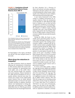 REDUCTIONS IN INEQUALITY: A COUNTRY PERSPECTIVE 	 105
for basic education (Lei e Diretrizes de
Bases) and national curriculum guidelines.
Subsequent education policies were aimed
at decentralizing the school system, reduc-
ing the costs of education for poor children,
and measuring and monitoring results.7
A new macro framework in the 1990s
created an enabling environment for in-
equality reduction. First, the introduction
of the Real Plan in 1994 allowed the high
levels of inflation to be cut that had been
an important contributor to increasing in-
equality in previous years.8
In the late 1990s,
the adoption of inflation targets, floating
exchange rates, and a more prudent fiscal
policy supported by the Fiscal Responsibil-
ity Law in 2000 created a context of macro-
economic stability that prevailed during the
next decade.
During the 2000s, the boom in com-
modity prices generated positive terms of
trade to the advantage of Brazil as a major
commodity exporter. The resulting macro­
economic stability, combined with the fa-
vorable external context, propelled Brazil’s
economic growth during the 2000s, which
accelerated the decline in inequality. The
dynamics of the labor market and the ex-
pansion of social policies boosted the in-
comes of the poor.9
According to World
Bank estimates, these two factors accounted
for the bulk of the decline in inequality, ap-
proximately 80 percent, between 2003 and
2013. Of the decline in the Gini index be-
tween these two years, 41 percent was ac-
counted for by labor incomes, and 39 per-
cent by nonlabor income sources such as
government transfers.10
In terms of the labor market, a fall in
the wage gap between skilled and unskilled
workers explains a great deal of the decrease
in labor income inequality. Various factors
drove the narrowing in the wage gap. The
large expansion in access to education led
to a significant increase in the relative sup-
ply of skilled workers. Between 1995 and
2010, the average years of schooling among
adults above 25 years of age rose 56 percent,
to 7.2 years. More than 4 in 10 workers in
2010 had 11 or more years of formal edu­
cation, twice the share in the mid-1990s.11
In addition, positive external conditions fos-
tered an expansion in domestic consump-
the third highest in the region, and Brazil
was still the 15th most unequal country in
the world.
What drives the reductions in
inequality?
The 1988 Constitution, which was adopted
following the reinstatement of democracy
in 1985, aimed to address the country’s his-
torical inequalities by guaranteeing basic
social rights, such as free public educa-
tion, free universal health care, pensions,
and social assistance. Policies launched in
the 1990s laid the foundations for the in-
equality declines observed years later. For
instance, the creation of the unified health
system (Sistema Único de Saúde) allowed
substantial progress in the level and equity
of health outcomes. In addition, education
reforms were fundamental in closing edu-
cation gaps and producing a more highly
skilled labor force. In 1996, the government
introduced the first broad legal framework
FIGURE 5.3  Contributions of Growth
and Redistribution Effects to Poverty
Reduction, Brazil, 2004–14
Source: Tabulations of Equity Lab, Team for Statistical Devel-
opment, World Bank, Washington, DC, based on data in the
SEDLAC database.
Note: The data have been calculated using a Shapley approach
(Shorrocks 2013) that decomposes the change in the US$1.90-
a-day poverty rate (2011 PPP U.S. dollars) into two components:
the growth in household per capita income keeping distribution
constant (the growth effect) and the change in the distribution
of income keeping average income constant (the redistribution
effect) as developed by Datt and Ravallion (1992).
–4.5
–2.9
–8.0
–7.0
–6.0
–5.0
–4.0
–3.0
–2.0
–1.0
0
Poverty $1.90 (2011 PPP)
Changeinpovertyheadcount(percentagepoints)
Growth Redistribution
 