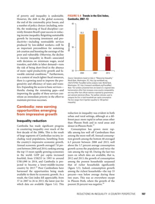 REDUCTIONS IN INEQUALITY: A COUNTRY PERSPECTIVE 	 107
reduction in inequality was evident in both
urban and rural settings, although at a dif-
ferent pace: more rapid in urban areas other
than Phnom Penh and in rural areas and
slower in Phnom Penh.23
Consumption has grown more rap-
idly among less well off Cambodians than
among the more well off. Annual consump-
tion growth among the bottom 40 averaged
6.3 percent between 2008 and 2013, well
above the 3.7 percent average consumption
growth across the population and twice the
rate among the top 60. During the last two
years on which data are available, that is,
2012 and 2013, the growth of consumption
among the poorest households surpassed
that of richer households significantly
(figure 5.5). Indeed, consumption growth
among the richest households—the top 33
percent—was below average during these
two years. This was so everywhere except
in Phnom Penh, where the growth of the
poorest 20 percent was negative.24
of poverty and inequality is undeniable.
However, the shift in the global economy,
the end of the commodity price boom, and
a number of policy choices (including, nota-
bly, the weakening of fiscal discipline) cur-
rently threaten Brazil’s past success in reduc-
ing income inequality.Reigniting sustainable
growth by increasing investment and pro-
ductivity—including nontradable services
produced by low-skilled workers—will be
an important precondition for sustaining
job creation and boosting the earnings of the
poor and vulnerable. Otherwise, the decline
in income inequality in Brazil––associated
with decisions on minimum wages, social
transfers, and shifts in labor demand––runs
the risk of being short-lived in the absence
of more rapid productivity growth and fa-
vorable external conditions.21
Furthermore,
in a context of much tighter fiscal resources,
there is a growing need to improve the pro-
gressivity and efficiency of taxes and trans-
fers. Expanding the access to basic services—
thereby closing the remaining gaps—and
improving the quality of these services con-
stitute an immediate priority in the effort to
maintain previous successes.
Cambodia: new earning
opportunities emerging
from impressive growth
Inequality reduction
Cambodia has made significant progress
in countering inequality over much of the
first decade of the 2000s. This is the result
of large segments of Cambodian society, in-
cluding rural populations, benefiting from
the country’s impressive economic growth.
Annual economic growth averaged 7.8 per-
cent between 2004 and 2014,ranking among
the top 15 most rapidly growing economies
in the world. GDP per capita increased
fourfold, from US$253 in 1993 to around
US$1,090 in 2014, and Cambodia is pro-
jected to become a lower-middle-income
country by 2017.22
Poor Cambodians have
harnessed the opportunities being made
available to them by economic growth. As a
result, the Gini index fell appreciably, from
37 in 2007 to 26 in 2013, the latest year for
which data are available (figure 5.4). This
FIGURE 5.4  Trends in the Gini Index,
Cambodia, 2007–13
Source: Calculations based on data in “Measuring Inequality,”
World Bank, Washington, DC, http://go.worldbank.org
/3SLYUTVY00; PovcalNet (online analysis tool), World Bank,
Washington, DC, http://iresearch.worldbank.org/PovcalNet/.
Note: The numbers presented here are based on a regional data
harmonization effort that increases cross-country comparability
and may differ from official statistics reported by governments
and national statistical offices. The welfare indicator used to
compute the Gini is total household per capita consumption.
The Gini ranges from 0 (perfect equality) to 100 (perfect
inequality).
Giniindex
35.5
37.0
26.0
20
30
40
2004 2007 2013
 