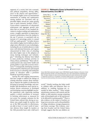 REDUCTIONS IN INEQUALITY: A POLICY PERSPECTIVE 	 139
worth.81
Quality teaching also helps instill
in children skills and behaviors that—in
addition to enabling learning—are re-
warded by labor markets.82
These include
attentiveness, memory, self-control, and the
ability to shift attention among competing
tasks, all developed early in life and proven
to be affected by teaching quality.83
There is
also evidence on the impact of teachers on
long-term outcomes, such as the probability
of college attendance, teenage pregnancies,
and future earnings. This evidence, com-
ing from Ecuador and the United States,
strongly suggests that the way children are
segments of a society feed into economic
and political inequalities, driving differ-
ences in life chances and opportunities.75
For example, higher scores on international
assessments of reading and mathematics
among students are associated with ap-
preciably higher annual per capita growth
rates in gross domestic product (GDP).76
Cross-country comparisons of educational
achievement and aggregate growth rates
show that an increase of one standard de-
viation in student reading and mathematics
scores—roughly equivalent to improving a
country’s performance from the median to
the top 15 percent—is associated with an
increase of 2 percentage points in annual
GDP per capita growth.77
In India, farmers
who exhibit a higher level of skills are able to
adapt more effectively to new technologies,
including the use of mobile phones to make
more well informed decisions, and regions
characterized by better rates of schooling
also show higher rates in the adoption of
newer farming techniques and technolo-
gies.78
Schooling has likewise been linked
to more productive nonfarm activities in
China, Ghana, and Pakistan.79
More well ed-
ucated parents also enjoy better health and
greater ability to cope with economic down-
turns.80
Consequently, developing countries
characterized by relatively poor and unequal
levels of access to schooling and inadequate
quality in education suffer a persistent
handicap in growth prospects.
Among the wide-ranging interventions
that have sought to address the failings of
existing education systems, those attempt-
ing to improve the quality of education by
focusing on learning, knowledge, and mar-
ketable skill development merit special at-
tention. Recent assessments in developed
and developing countries highlight success-
ful experiences with improving teaching
quality, a critical contributor to increases
in learning achievement as measured by
test scores. For example, estimates for the
United States indicate that, during an aca-
demic year, pupils taught by teachers who
are at the 90th percentile in effectiveness,
are able to learn 1.5 years’ worth of mate-
rial, whereas those taught by teachers at
the 10th percentile learn only a half-year’s
FIGURE 6.3  Mathematics Scores, by Household Income Level,
Selected Countries, Circa 2007–11
Source: World Bank calculations based on data in WIDE (World Inequality Database on Education), United
Nations Educational, Scientific, and Cultural Organization, Paris, http://www.education-inequalities.org/.
Note: The figure indicates the share of primary-school students who satisfy international test standards
in mathematics and who are in households in the bottom wealth quintile or in the top wealth quintile.
Countries are sorted according to the maximum test score in mathematics reported for any quintile.
0 20 40 60
Percent
80 100
Yemen, Rep.
Côte d’Ivoire
Mauritania
Kuwait
El Salvador
Malawi
Philippines
India
Morocco
Colombia
Congo, Dem. Rep.
Chad
Gabon
Qatar
South Africa
Peru
Argentina
Botswana
Cuba
Tanzania
Costa Rica
Australia
United States
Netherlands
Germany
Korea, Rep.
Quintile 1 (poorest) Quintile 5 (richest)
 