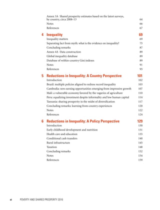 vi	 POVERTY AND SHARED PROSPERITY 2016
	 Annex 3A  Shared prosperity estimates based on the latest surveys,
by country, circa 2008–13	 64
	Notes	 66
	References	 67
4	Inequality	 69
	 Inequality matters	 69
	 Separating fact from myth: what is the evidence on inequality?	 75
	 Concluding remarks	 87
	 Annex 4A  Data construction	 89
	 Global inequality database	 89
	 Database of within-country Gini indexes	 89
	Notes	 91
	References	 95
5	 Reductions in Inequality: A Country Perspective	 101
	Introduction	 102
	 Brazil: multiple policies aligned to redress record inequality	 103
	 Cambodia: new earning opportunities emerging from impressive growth	 107
	 Mali: a vulnerable economy favored by the vagaries of agriculture	 110
	 Peru: equalizing investment despite informality and low human capital	 114
	 Tanzania: sharing prosperity in the midst of diversification	 117
	 Concluding remarks: learning from country experiences	 120
	Notes	 122
	References	 124
6	 Reductions in Inequality: A Policy Perspective	 129
	Introduction	 130
	 Early childhood development and nutrition	 131
	 Health care and education	 135
	 Conditional cash transfers	 140
	 Rural infrastructure	 145
	Taxation	 148
	 Concluding remarks	 152
	Notes	 154
	References	 159
 