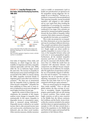 INEQUALITY 	 77
Gini index of Argentina, China, India, and
Indonesia, on which longer-run data are
available. In Argentina and China, inequality
widened appreciably until the early 2000s,
while the rise in Indonesia began around
the same time. The increase in inequality in
India has been more muted and began in the
second half of the 2000s. In contrast, during
the 2000s, inequality narrowed sharply in
Argentina and in some other Latin American
countries.20
The drop was so pronounced
that the inequality levels in Argentina and
China became comparable.21
Inequality has
been stabilizing in China and, to some ex-
tent, in Indonesia in recent years, though at a
much higher level than 20 years ago.
Against the context of these long-run de-
velopments, the remainder of this chapter
analyzes recent changes in inequality more
systematically. In this report, inequality in
disposable income or consumption expen-
diture is measured among individuals.22
Disposable income is defined as net market
income (that is, after personal income taxes
and social security contributions have been
deducted), plus any direct social transfers.
Other outcome measures,whether monetary
(such as wealth) or nonmonetary (such as
health care and education) are ignored as are
the inequalities among subgroups (for ex-
ample, by sex or ethnicity).23
Income or ex-
penditure is measured at the household level
(thus ignoring inequality among household
members) and assigned to each individ-
ual on a per capita basis (thus avoiding the
complication of accounting for economies
of scale in larger households). The analysis is
conducted in two stages. First, estimates are
reported for interpersonal global inequality.
Second, the focus shifts to inequality within
countries. Only relative measures of inequal-
ity, typically the Gini index, are considered.24
This is only one perspective on inequal-
ity. Other dimensions are no less important
and may be trending in different directions.
Thus, people’s perceptions about inequality
may be different from actual trends (see box
4.2). People might care about wealth in-
equality, inequalities in access to basic ser-
vices, or the inequality between urban and
rural areas or across geographical regions.
Furthermore, all the standard inequality
measures used here are relative, but peo-
ple may be concerned with absolute differ-
ences (box 4.3). While the results here are
compared with alternative datasets, such
comparisons are difficult because inequal-
ity measures may be different, for example,
after the application of equivalence scales or
the use of households instead of individu-
als as the unit of analysis.25
For instance, in
Argentina, the use of equivalence scales—
adjusting consumption by size and age—
reduces the Gini index from 41.9 to 39.4,
compared with the per capita estimates.26
There are several reasons for interpreting
these results carefully.27
First, as with any
global analysis, the data coverage of coun-
tries is incomplete. Despite considerable
progress, good-quality data are still missing
in various countries. These include many
fragile countries, as well as some countries
in the Middle East, the African continent,
the Caribbean, and the Pacific.Annex 4A de-
scribes the countries included in the analysis
and their shares in regional populations. For
example, in 2013, the data covered about a
third of the population in the Middle East
and North Africa region and around half the
population in Sub-Saharan Africa.
Sources: World Bank 2016b; PovcalNet (online analysis tool),
World Bank, Washington, DC, http://iresearch.worldbank.org
/PovcalNet/.
Note: The welfare aggregate in Argentina is income; in all other
countries it is consumption.
FIGURE 4.4  Long-Run Changes in the
Gini Index, Selected Developing Countries,
1980–2014
GiniIndex
30
35
40
45
50
55
1980 1990 2000 2010 2014
Argentina Indonesia
China India
 