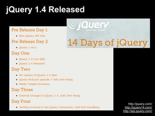 jQuery 1.4 Released




                          http://jquery.com/
                       http://jquery14.com/
                      http://api.jquery.com/
 