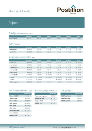 Meeting & Events




Prijzen


Zakelijk ontmoeten                 (p.p./p.u.)

                                Amersfoort               Arnhem          Bunnik              Deventer              Dordrecht            Haren
Business Point                    € 6,50                 € 6,50          € 6,50                  € 6,50             € 6,50              € 6,50



Buffetten          (p.p.)

                                Amersfoort               Arnhem          Bunnik              Deventer              Dordrecht            Haren
 Ontbijtbuffet                    € 13,00                € 13,00         € 16,00                 € 13,00            € 13,00            € 13,00
 Lunchbuffet                      € 18,50                € 18,50         € 22,50                 € 18,50            € 18,50            € 16,50



Vergaderarrangementen                         (p.p.)

                                Amersfoort               Arnhem          Bunnik              Deventer              Dordrecht            Haren
 4-uurs (Excl.)                   € 18,00                € 18,00         € 18,00                 € 15,50            € 15,50            € 16,00
 8-uurs (Excl.)                   € 43,00                € 43,00         € 43,00                 € 43,50            € 43,00            € 35,00
 12-uurs (Excl.)                  € 71,00                € 71,00         € 75,00                 € 77,00            € 71,00            € 62,00
 4-uurs (Incl.)                   € 27,50                € 29,00         € 32,50                 € 25,50            € 25,50            € 26,00
 8-uurs (Incl.)                   € 65,00                € 59,00         € 65,00                 € 59,50            € 59,50            € 50,00
 12-uurs (Incl.)                 € 105,00                € 90,00        € 105,00                 € 96,50            € 99,50            € 85,00
 24-uurs                         € 179,00               € 199,00        € 235,00             € 195,00              € 195,00           € 173,00
 32-uurs                         € 222,00               € 258,00             X               € 254,00              € 255,00           € 220,00
 Webarrangement                   € 50,00                € 50,00         € 50,00                 € 50,00            € 50,00            € 45,00




Buffetmogelijkheden                  (p.p.)        Borrelmogelijkheden                    (p.p.)      F&B party              (p.p.)

                            Alle locaties                                        Alle locaties                                        Alle locaties
 Starter HELDER                € 8,50                  Naborrelarrangement         € 10,50                 F&B Party Helder             € 40,00
 Starter PUUR                 € 12,50                  Hapjes HELDER                € 1,25                 F&B Party Puur               € 60,00
 Starter STIJL                € 15,00                  Hapjes PUUR                  € 1,75                 F&B Party Stijl              € 80,00
 Main HELDER                  € 18,50                  Hapjes STIJL                 € 2,50
 Main PUUR                    € 22,50
 Main STIJL                   € 27,50
 Dessert HELDER                € 4,50
 Dessert PUUR                  € 5,50
 Dessert STIJL                 € 6,50




                                                                                       www.postillionhotels.com
 