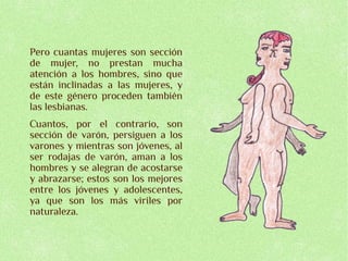 Pero cuantas mujeres son sección
de mujer, no prestan mucha
atención a los hombres, sino que
están inclinadas a las mujeres, y
de este género proceden también
las lesbianas.
Cuantos, por el contrario, son
sección de varón, persiguen a los
varones y mientras son jóvenes, al
ser rodajas de varón, aman a los
hombres y se alegran de acostarse
y abrazarse; estos son los mejores
entre los jóvenes y adolescentes,
ya que son los más viriles por
naturaleza.
 