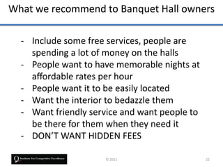 What we recommend to Banquet Hall owners

  - Include some free services, people are
    spending a lot of money on the halls
  - People want to have memorable nights at
    affordable rates per hour
  - People want it to be easily located
  - Want the interior to bedazzle them
  - Want friendly service and want people to
    be there for them when they need it
  - DON’T WANT HIDDEN FEES

                     © 2011                    22
 