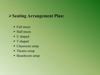 Seating Arrangement Plan:
 Full moon
 Half moon
 U shaped
 T shaped
 Classroom setup
 Theatre setup
 Boardroom setup
 