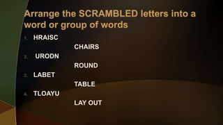 1. HRAISC
CHAIRS
2. URODN
ROUND
3. LABET
TABLE
4. TLOAYU
LAY OUT
 