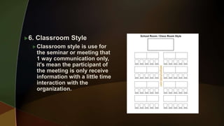 6. Classroom Style
 Classroom style is use for
the seminar or meeting that
1 way communication only,
it's mean the participant of
the meeting is only receive
information with a little time
interaction with the
organization.
 