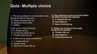 4. Like classroom set-up but the tables
are tilted towards the speaker
A. V shaped Set up
B. Herringbone
C. Semi circle set up
5. Tables are turned at the angle
towards the speaker
A. Theater Set up
B. Herringbone
C. Classroom set up
1. The set up allows for a head table to be
placed at front of the room
A: Classic banquet Set up
B. Banquet Round Style
C. Hollow
2.Set up for critical thinking
A. U shaped set up
B. Conference style set up
C. Theater Style set up
3. A table set-up great orientations
A. U shaped Set up
B. Theater Style
C. Classroom shape Set up
 