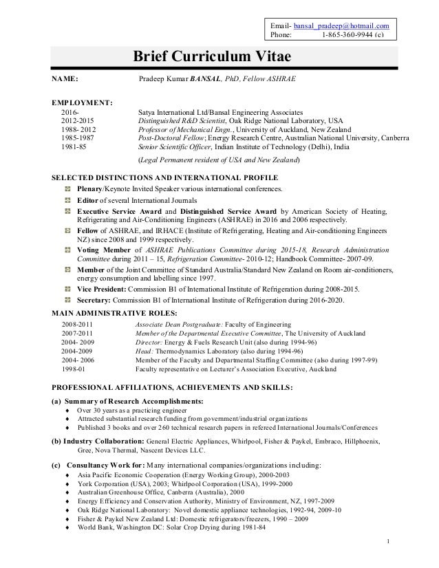 1 brief curriculum vitae name pradeep kumar bansal phd fellow ashrae employment - Cv Or Resume In New Zealand 1 brief curriculum vitae name pradeep kumar bansal phd fellow ashrae employment - Cv Or Resume In New Zealand